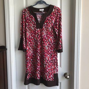 Jude Connally Holly Dress Tunic Stretch Brown Trim Abstract Print Size Medium